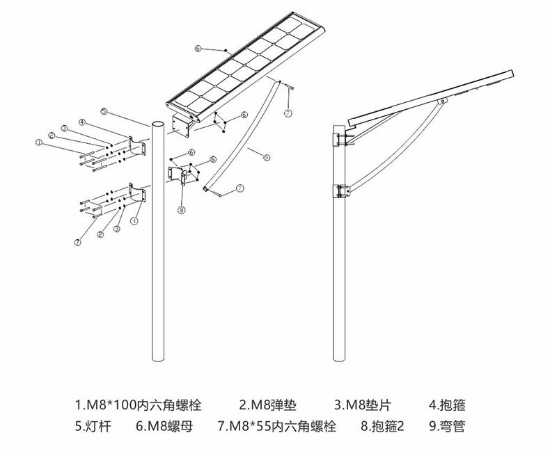 東莞好色先生APP官方正版下载链接照明抱箍式一體化LED太陽能路燈安裝示意圖